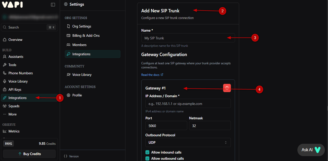 configure an account in VAPI AI Platform_