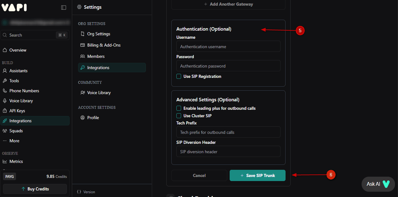 configure an account in VAPI AI Platform_Add SIP Trunk