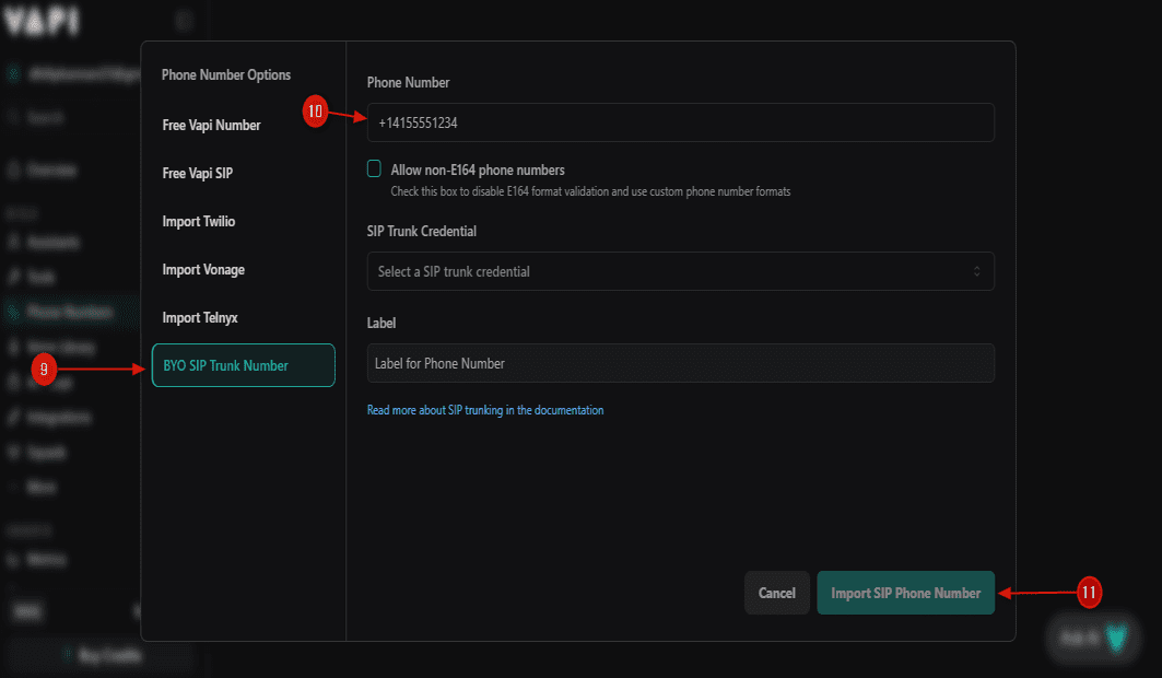 configure an account in VAPI AI Platform_BYO SIP Trunk